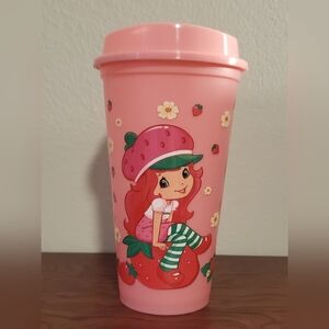 cartoon dog strawberry shortcake pink plastic reusable coffee tumbler Lid 16oz
